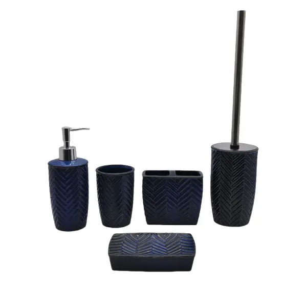 Wholesale Deep Blue Herringbone - Textured Stoneware Bathroom 5 - Piece Set Factory, Products
