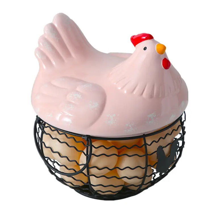 OEM Macaron Pink Distressed Ceramic Hen Lid Iron Wire Basket Storage Decor Factories, Exporters