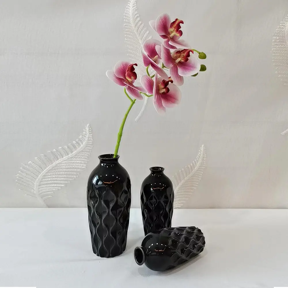 Buy Modern Minimalist Black Wave Relief Ceramic Vase Set Supplier, Product