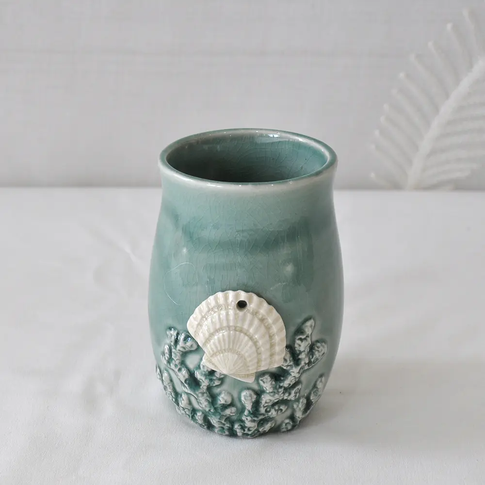 Custom Teal Glaze 3D Shell & Coral Ceramic Bathroom 6-Piece Set Supplier, Factory