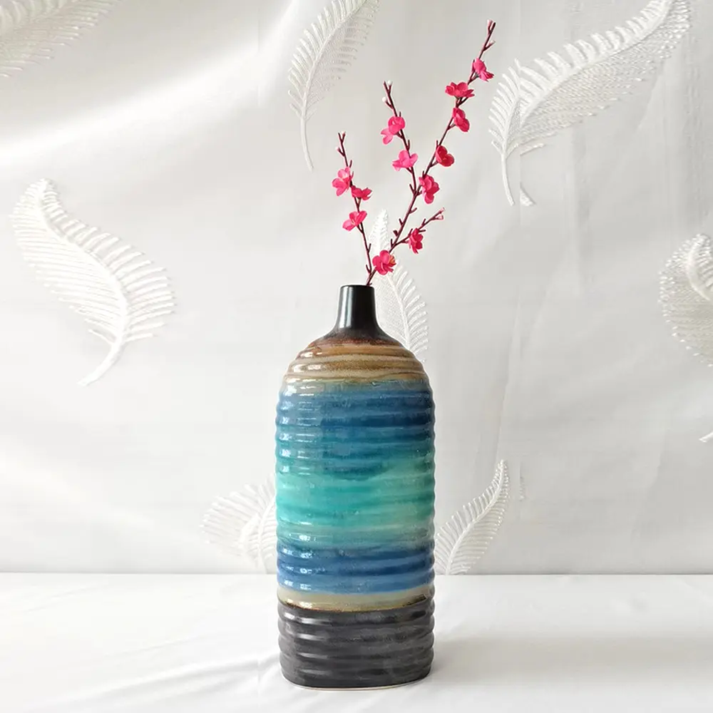Cheap Blue Green Gradient Vertical Striped Ceramic Floor Vase Factories, Exporter