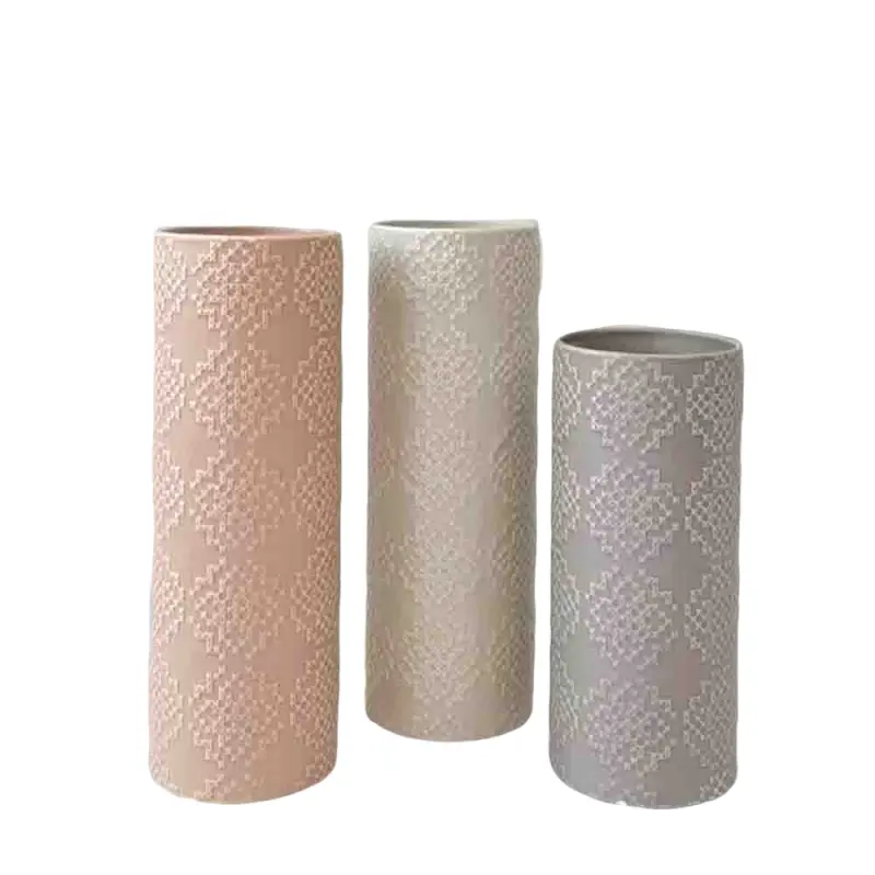 ODM Morandi Color Embossed Geometric Stoneware Cylinder Vase Supplier, Factory