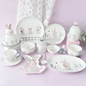 Cute Pink Gray Rabbit Ceramic Tableware Set Adorable Home Dining Table