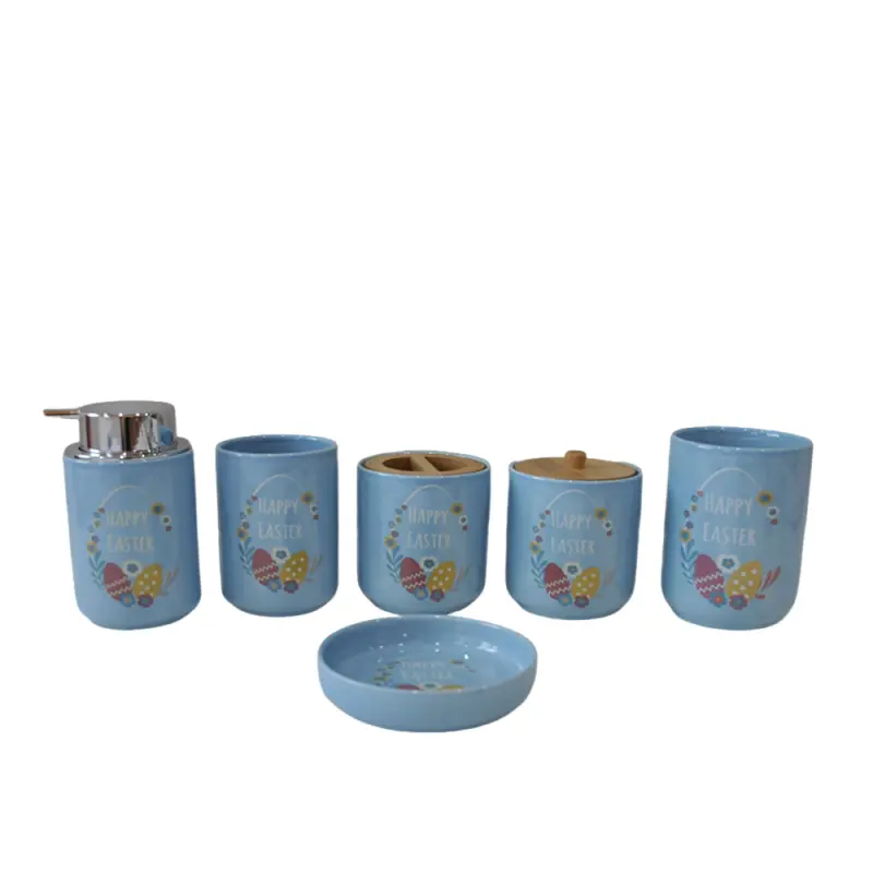 OEM Easter Themed Light Blue Stoneware Bathroom Accessory Set Manufacturers, Company