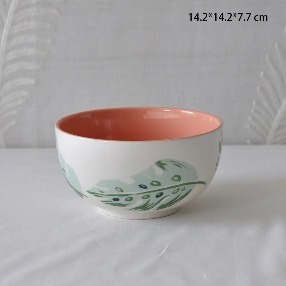 Color-Block Hand-Painted Monstera Leaf Ceramic Bowl