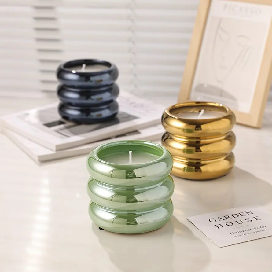 ODM Retro Stacked Ring Glossy Colorful Ceramic Candle Holder Manufacturer, Supplier