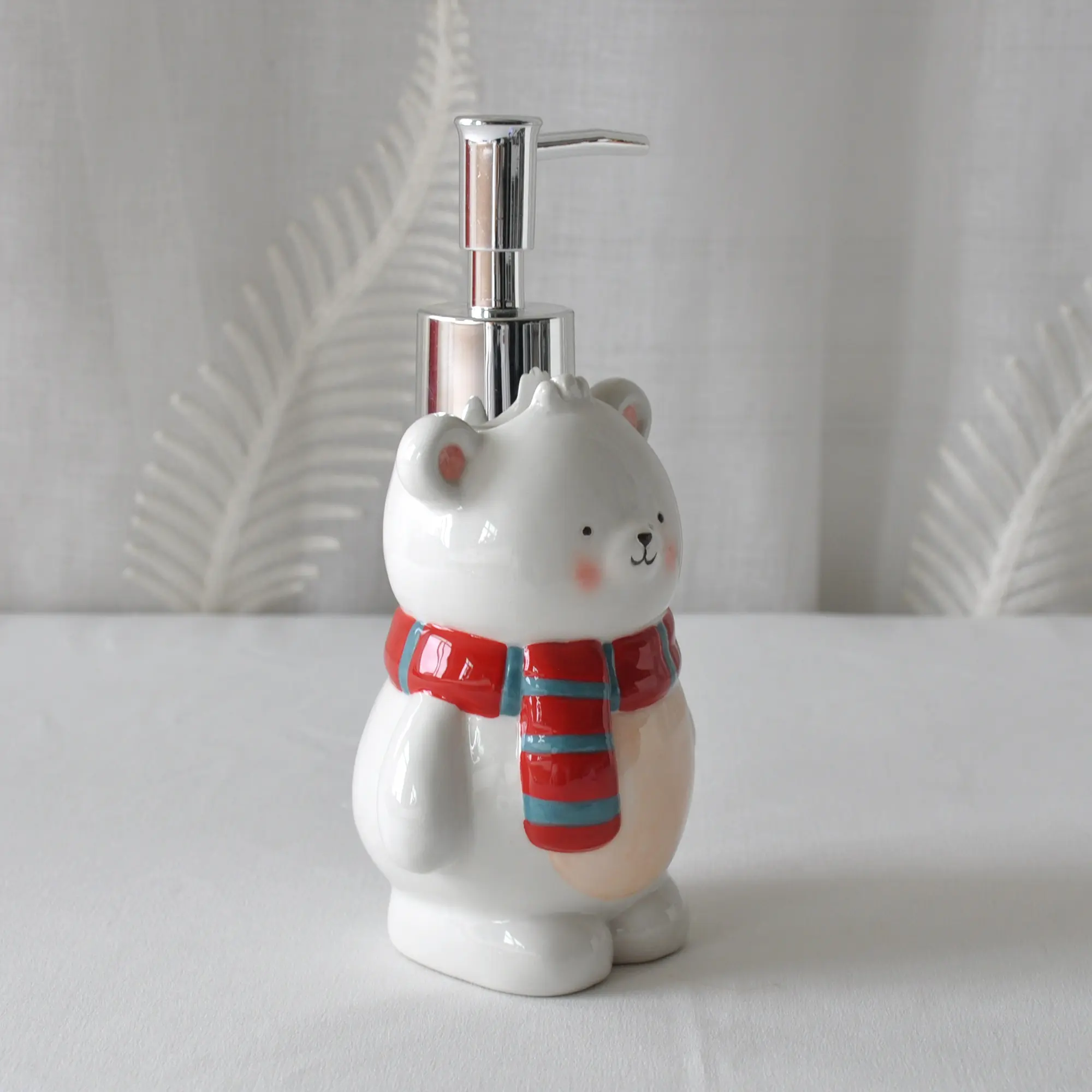 Cheap Cute Bear Ceramic Lotion Dispenser with Red Gray Striped Scarf Suppliers, Company