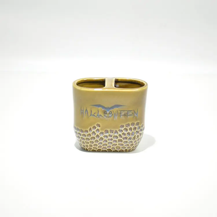 Discount Light Brown Glazed Halloween Ceramic Bathroom Set with Honeycomb Texture & Bat Motifs Exporters, Product