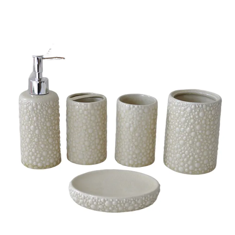 Custom Pale Yellow Bubbled-Texture Ceramic Bathroom 5-Piece Set Supplier, Companies