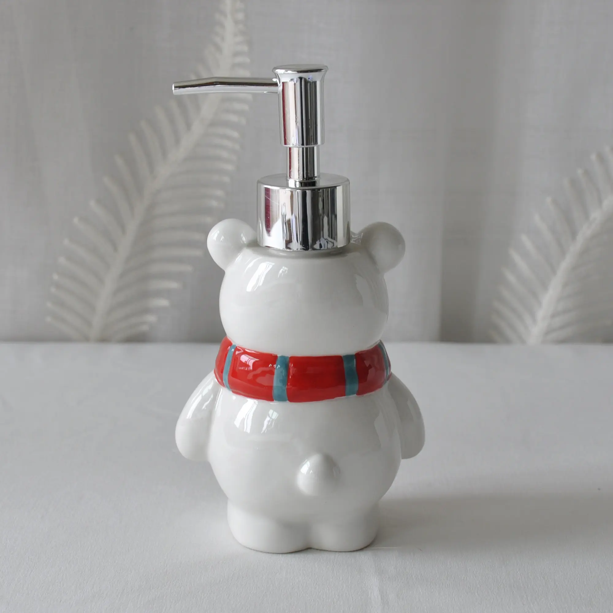 Cheap Cute Bear Ceramic Lotion Dispenser with Red Gray Striped Scarf Suppliers, Company