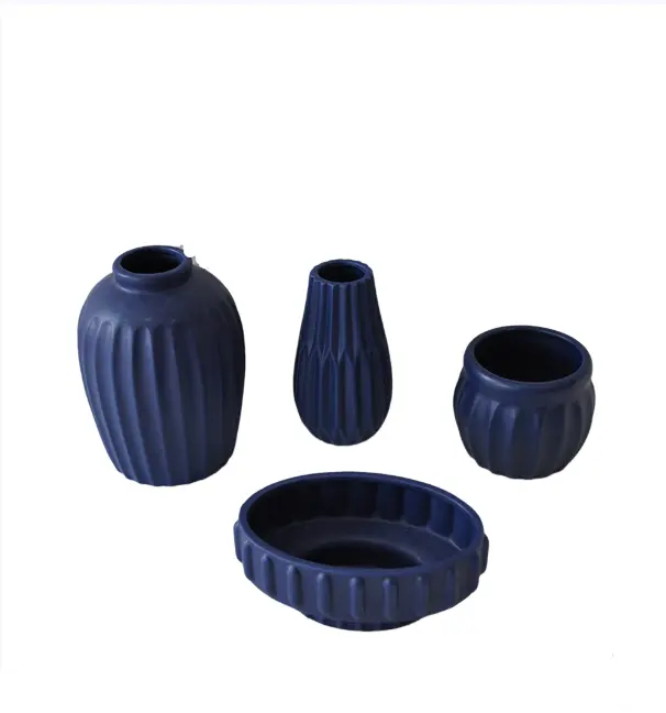 Wholesale Modern Minimalist Deep Sea Blue Matte Ribbed Ceramic Vase Set Factory, Exporters