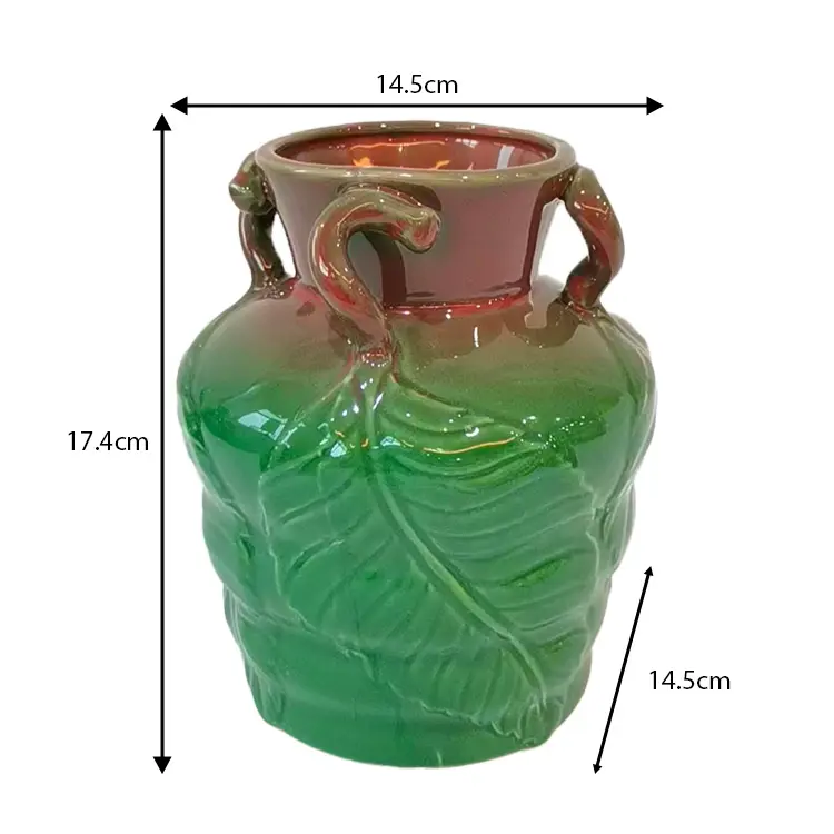 Dual-Handle Leaf-Embossed Ceramic Vase Dimensions