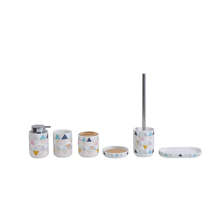Buy Teal & White Geometric - Patterned Stoneware Bathroom 7 - Piece Set Supplier, Factory