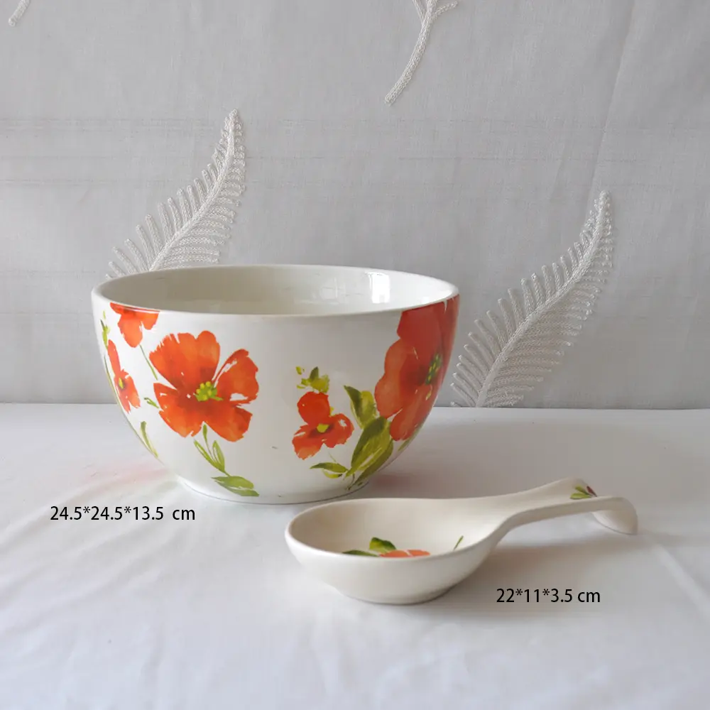 Watercolor-Style Red Floral Ceramic Soup Bowl and Spoon Rest Set