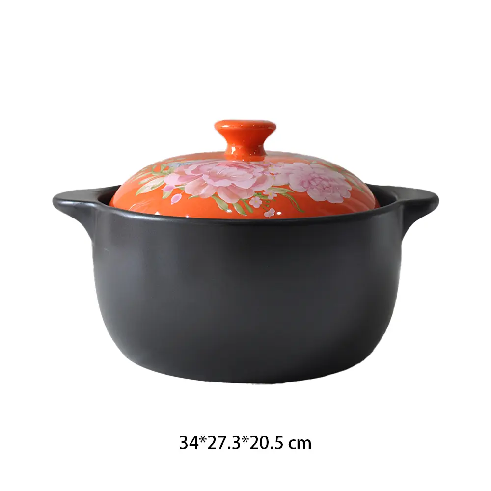 Hand-Painted Pink Floral Orange-Lid Black Ceramic Casserole