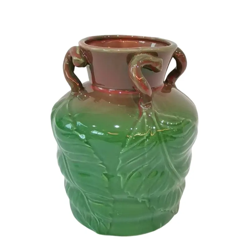 Discount Artistic Tropical Leaf - Embossed Red - Brown to Green Gradient Ceramic Vase with Three Loop Handles Supplier, Factory