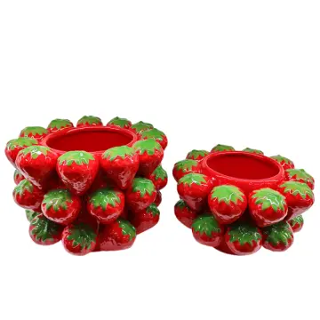 Cute Strawberry-Shaped Ceramic Vase Set 2 Sizes Glossy Home Tabletop Decor