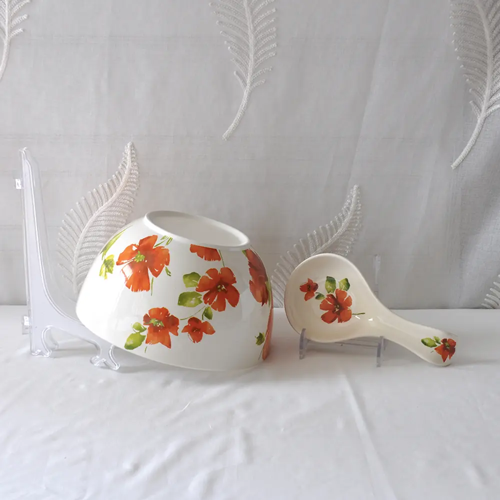 Cheap Watercolor-Style Red Floral Ceramic Soup Bowl and Spoon Rest Set Suppliers, Products