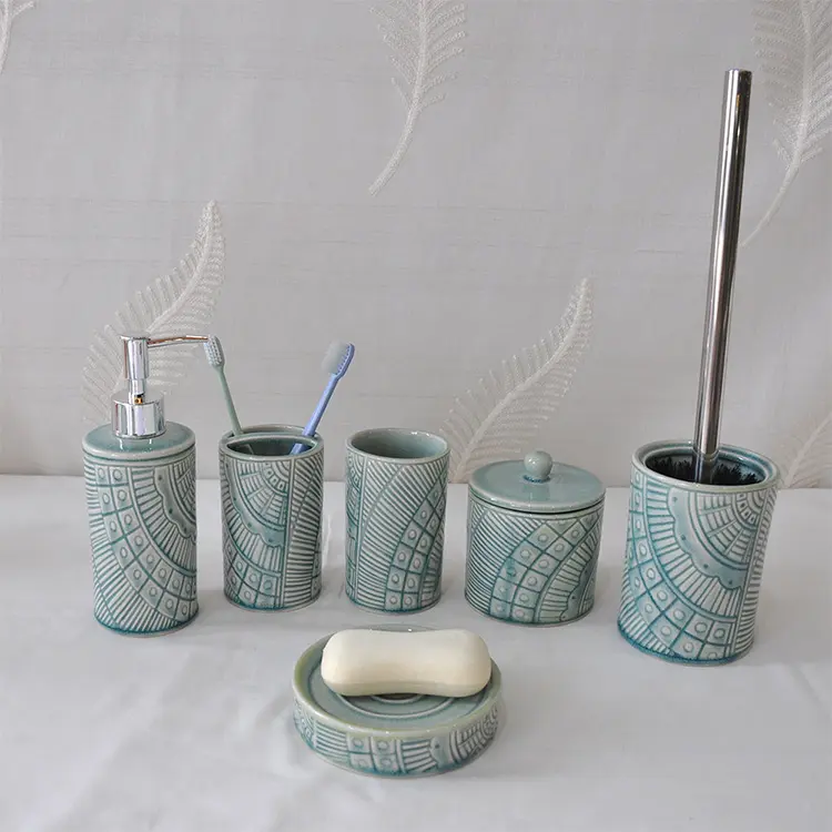 jiashun Bohemian Geometric - Textured Turquoise Ceramic 6 - Piece Bathroom Set | Artisanal Design JS21306 Exporters, Product