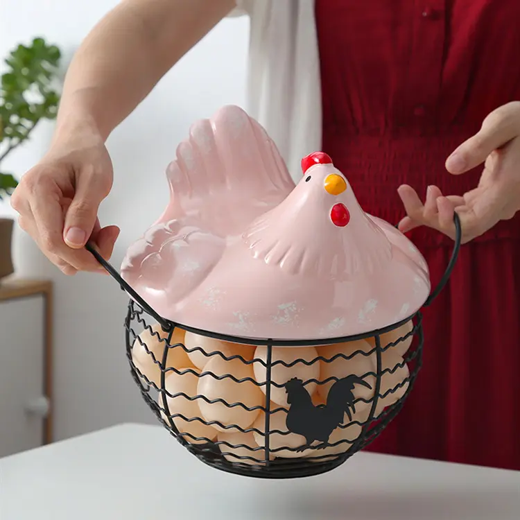 OEM Macaron Pink Distressed Ceramic Hen Lid Iron Wire Basket Storage Decor Factories, Exporters