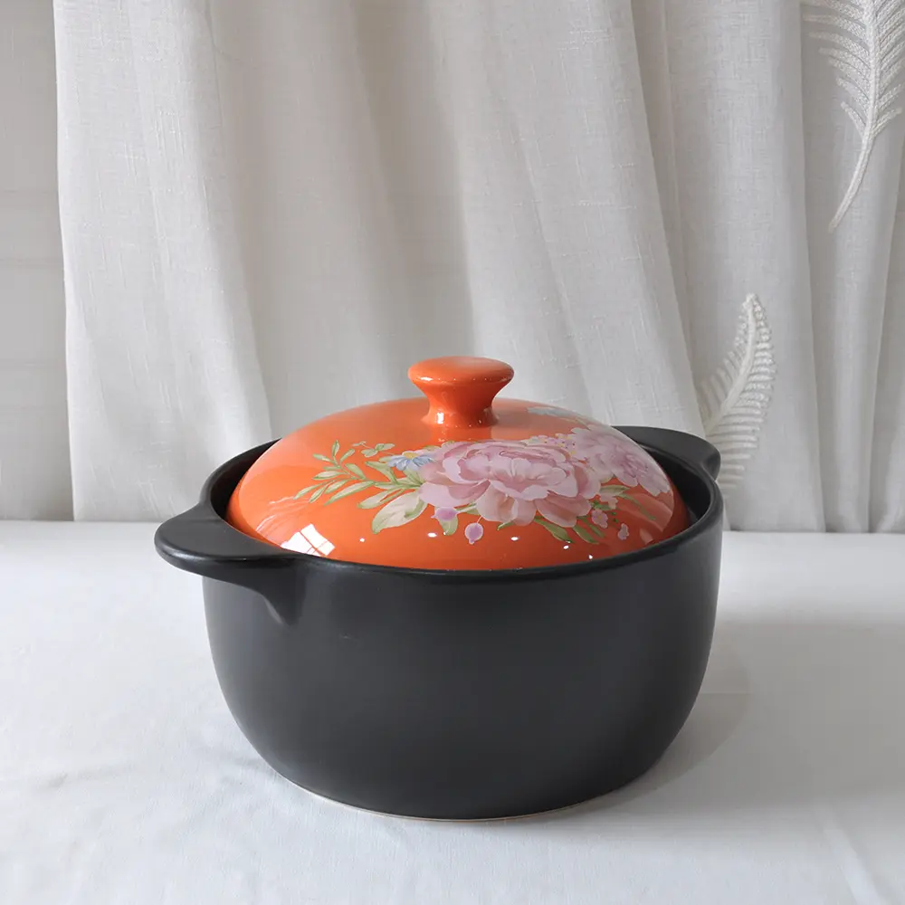 Discount Hand-Painted Pink Floral Orange-Lid Black Ceramic Casserole Companies, Products