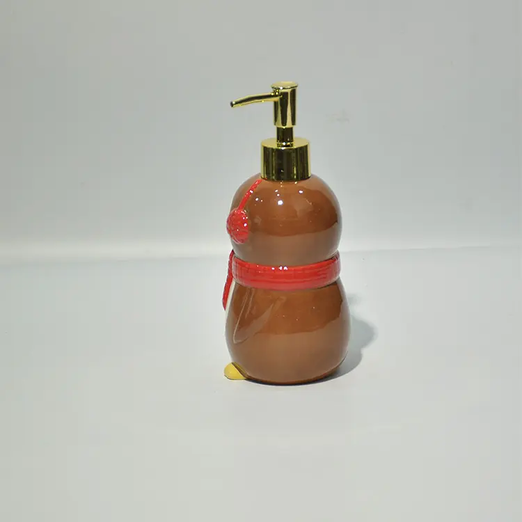 China Christmas Brown Penguin with Red Scarf & Earmuffs Dolomite Lotion Dispenser Exporter, Exporters