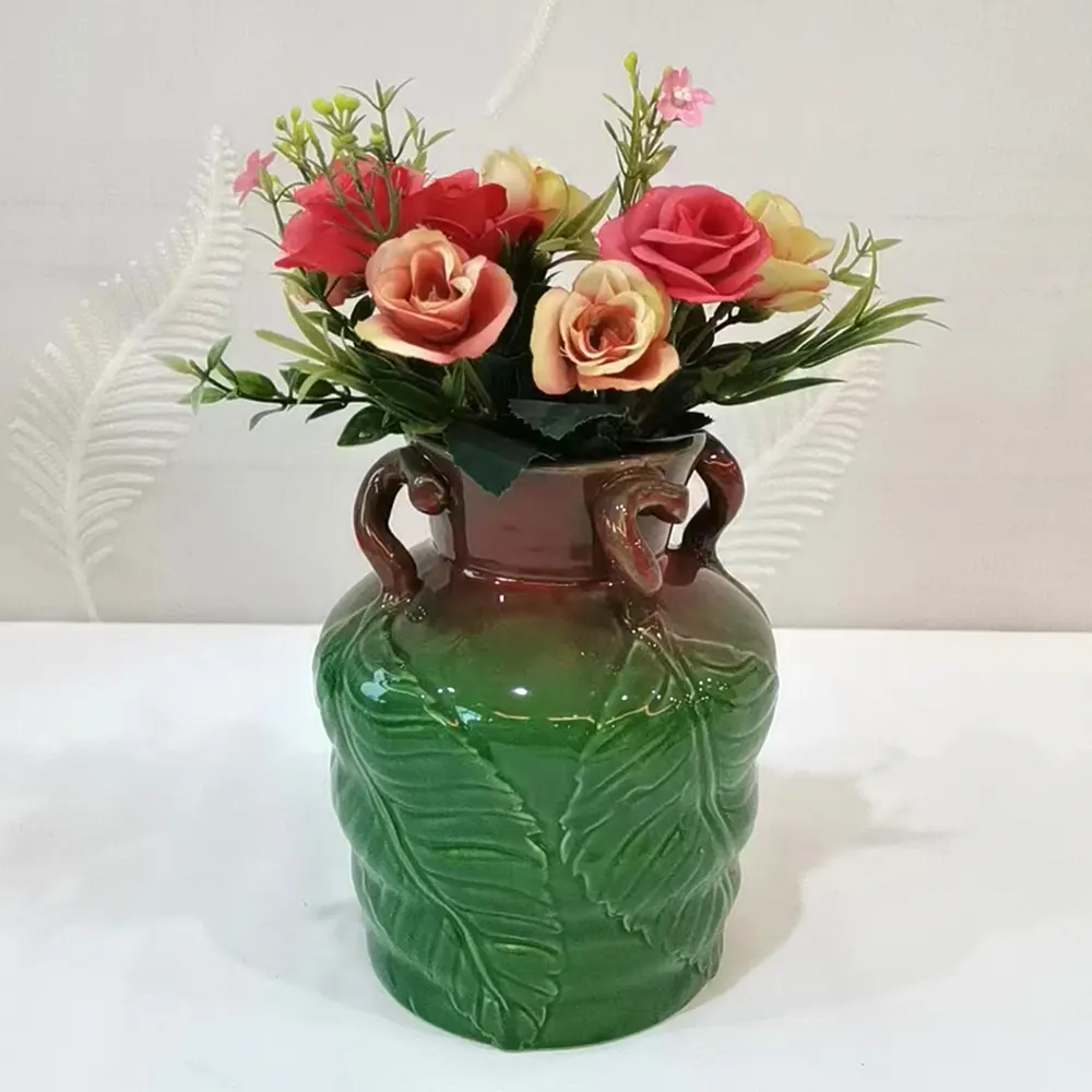 Discount Artistic Tropical Leaf - Embossed Red - Brown to Green Gradient Ceramic Vase with Three Loop Handles Supplier, Factory