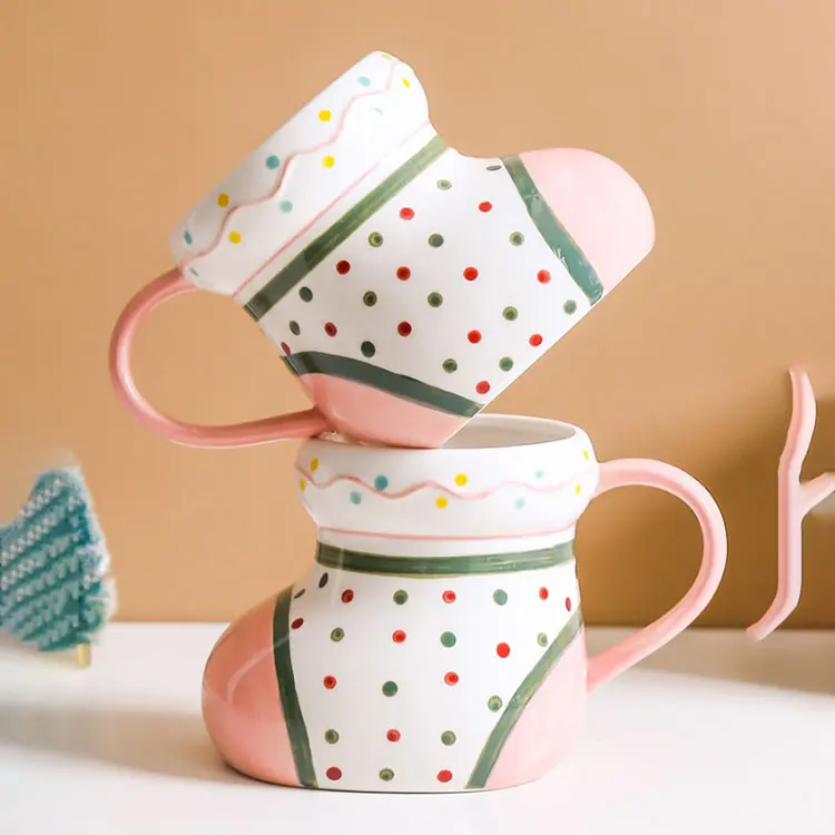 Custom Pink White Polka Dot Hand-Painted Christmas Ceramic Mug Factories, Company