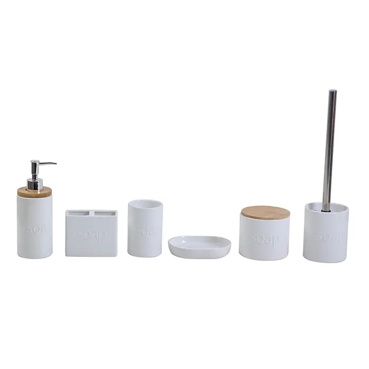 Wholesale Modern Minimalist White Ceramic & Wood - Trimmed Embossed Bathroom Accessory Set Factories, Company