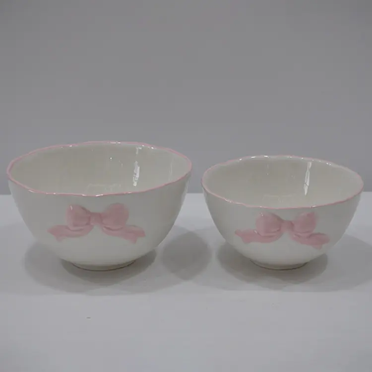 Custom Artisan Bow-Embossed Dolomite Dinnerware Set – 12-Piece Hand-Painted Ceramic Tableware with 3D Bow Relief | Pink Accents, Dishwasher & Oven Safe Factories, Company