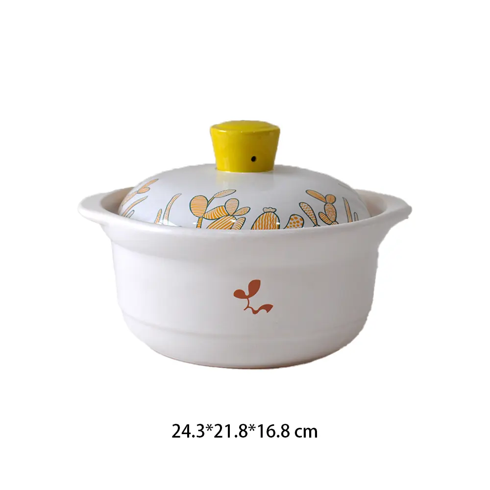 Hand-Painted Orange-Green Plant Yellow-Knob White Ceramic Casserole