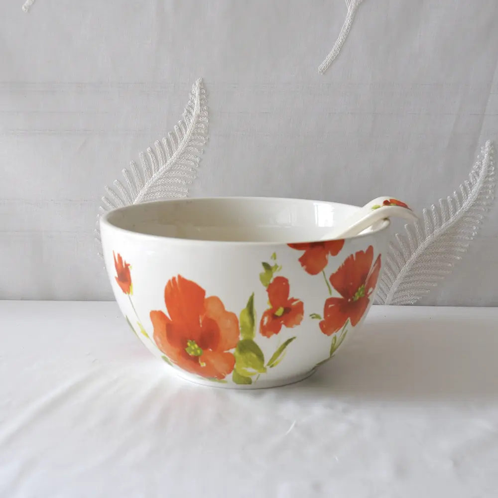 Cheap Watercolor-Style Red Floral Ceramic Soup Bowl and Spoon Rest Set Suppliers, Products