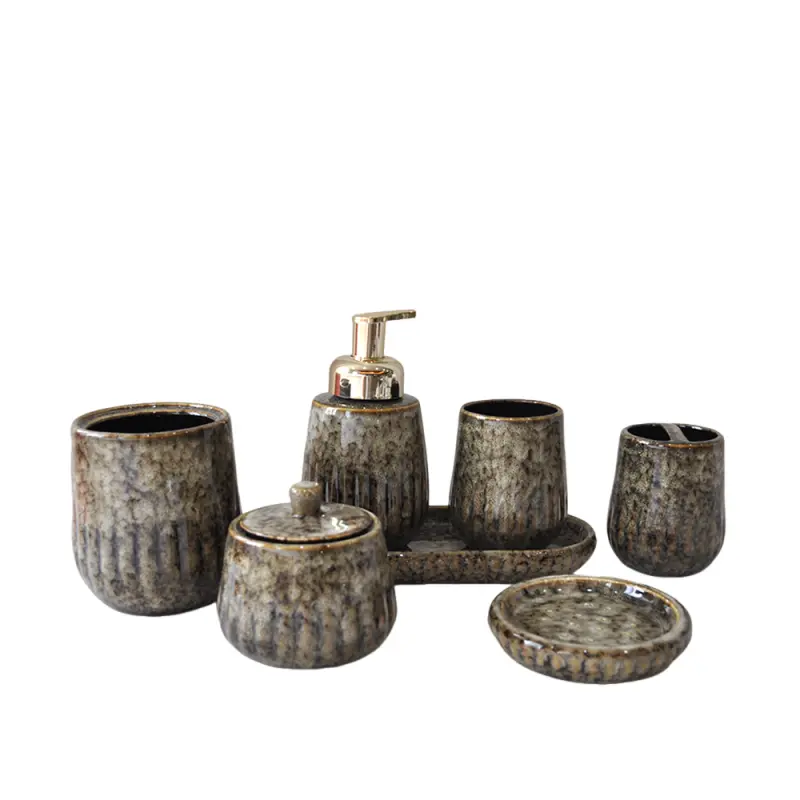 jiashun Wabi-Sabi Dark Brown Kiln-Changed Vertical Striped Stoneware Bathroom Accessory Set Factory, Company