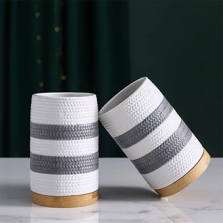 OEM Grey White Striped Woven Texture Ceramic Bathroom 5-Piece Set Exporters, Product