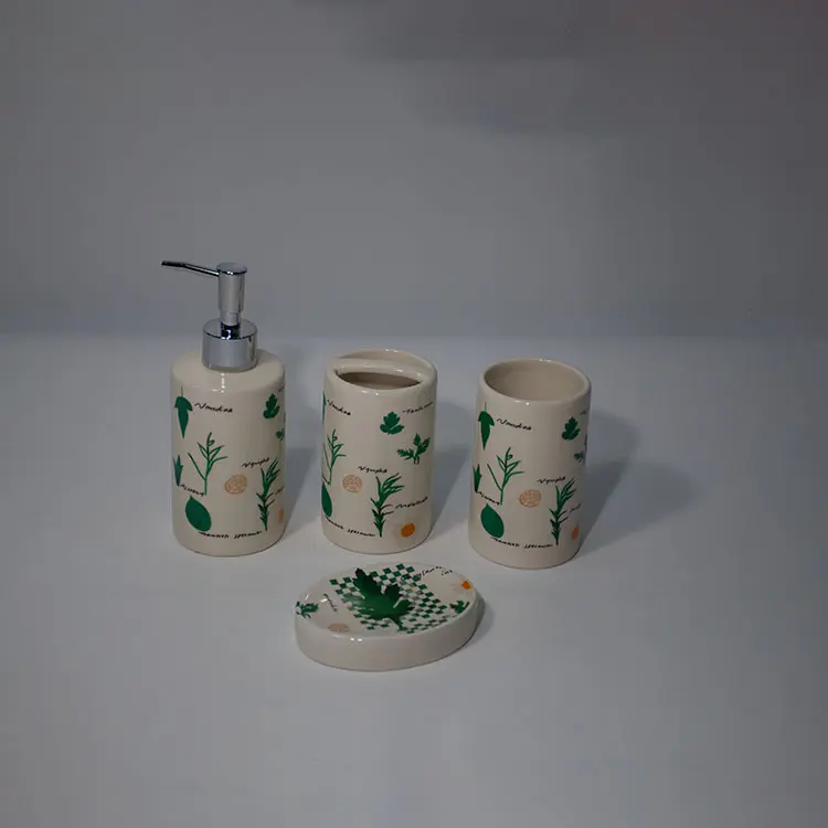 Discount Printing 4pcs Custom Lovely Ceramic Wash Hands Bottle Ceramic Bathroom Accessories Set Companies, Product