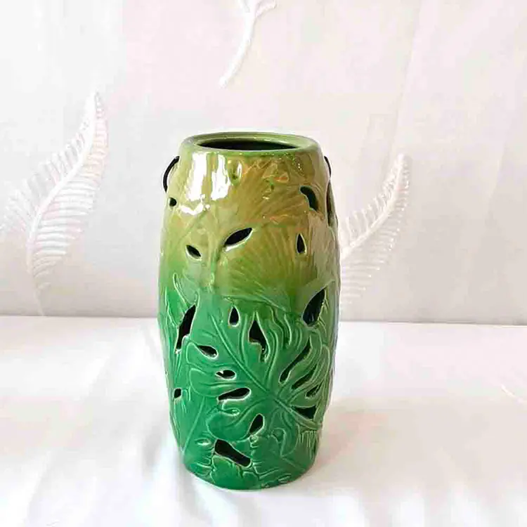 Discount Set of 2 Tropical Leaf - Embossed Hollow - Out Green Ceramic Vases | Decorative Lantern Accents Suppliers, Exporters