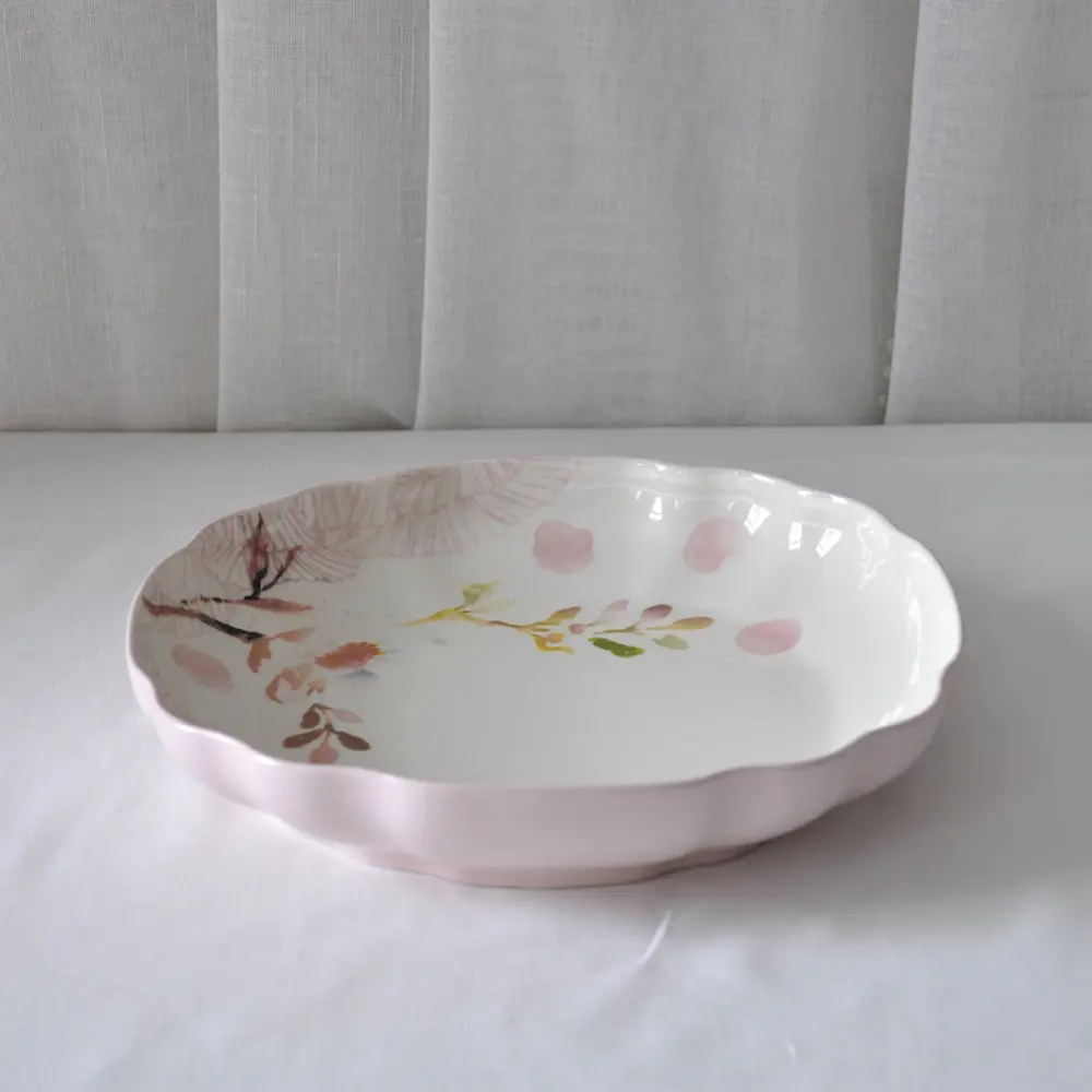 China Watercolor Style Pink Floral Scalloped Edge Ceramic Dinner Plate Manufacturers, Factory
