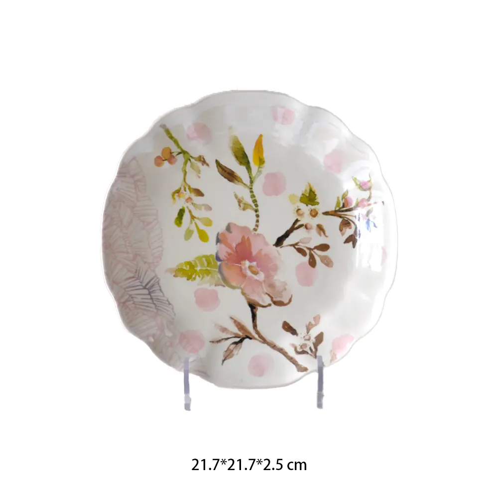 Watercolor Style Pink Floral Scalloped Edge Ceramic Dinner Plate Closeup