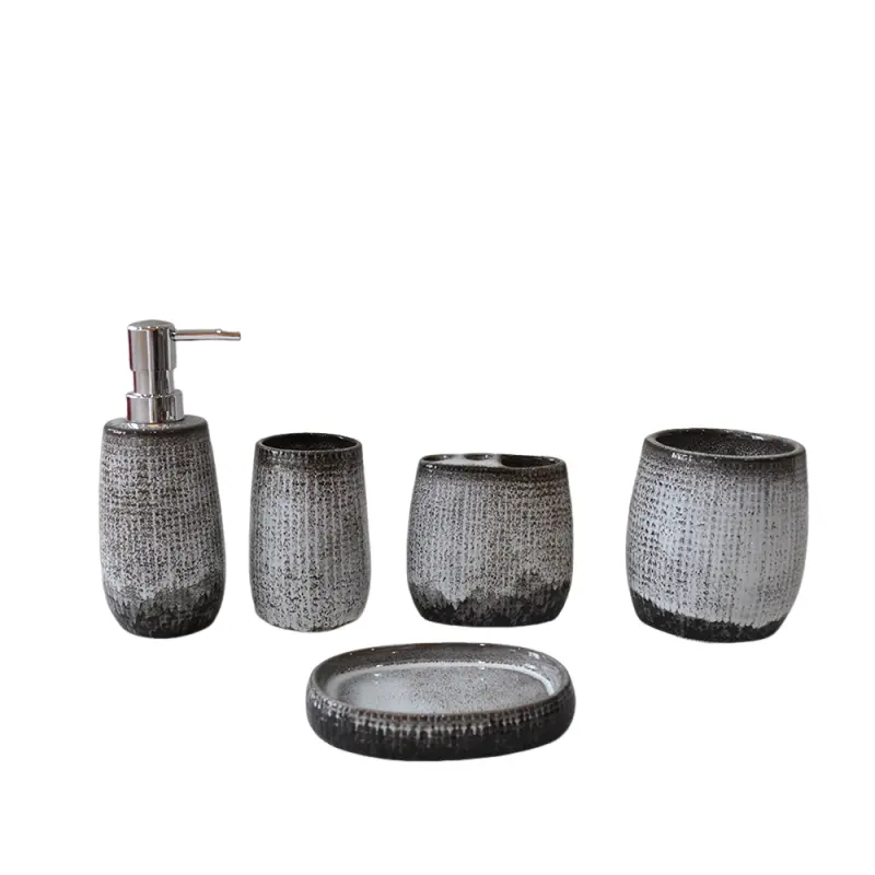 Custom Gray-Black Gradient Fabric-Textured Ceramic Bathroom Accessory Set Manufacturers, Companies
