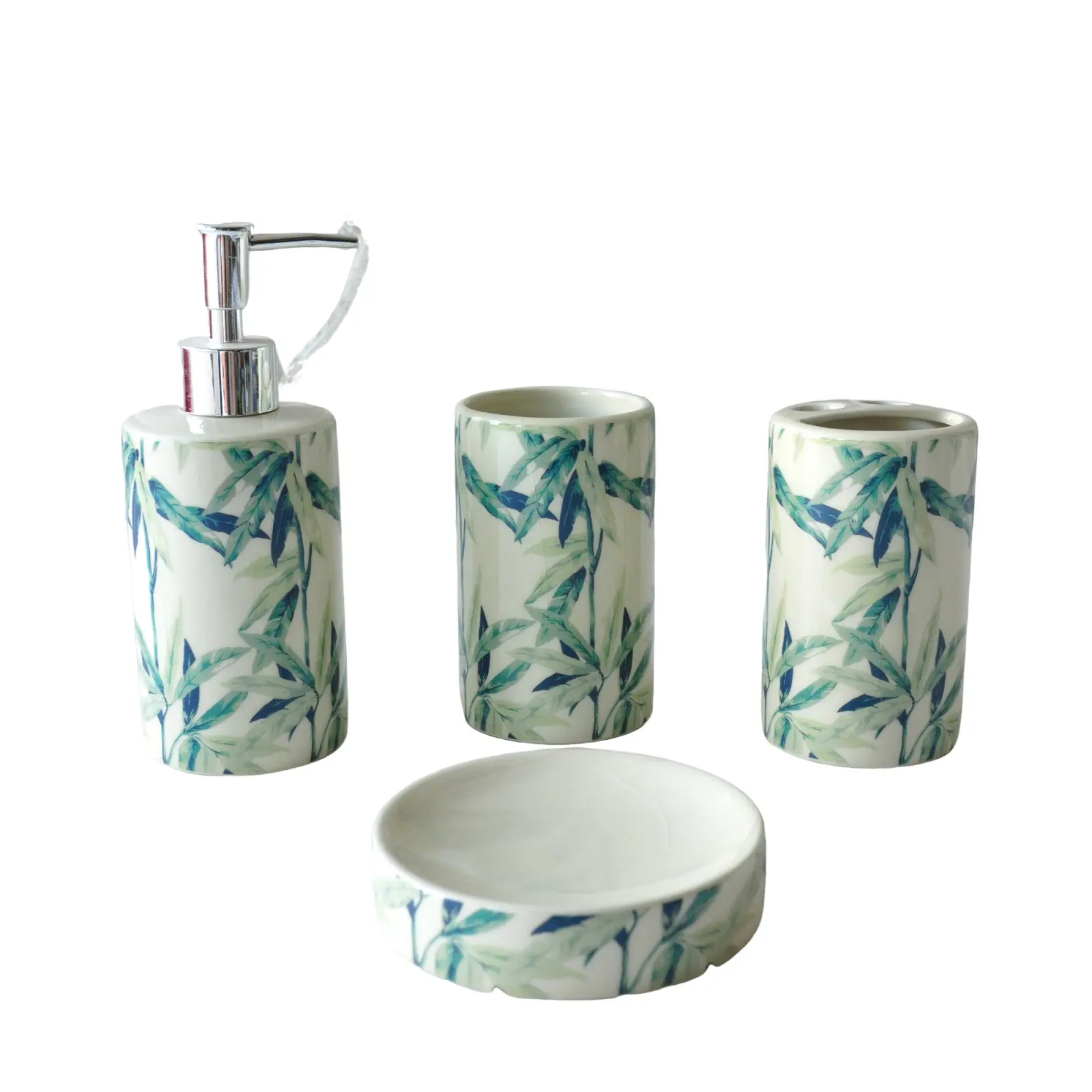 ODM Fresh Blue Green Bamboo Leaf Printed Ceramic Bathroom Set Supplier, Product