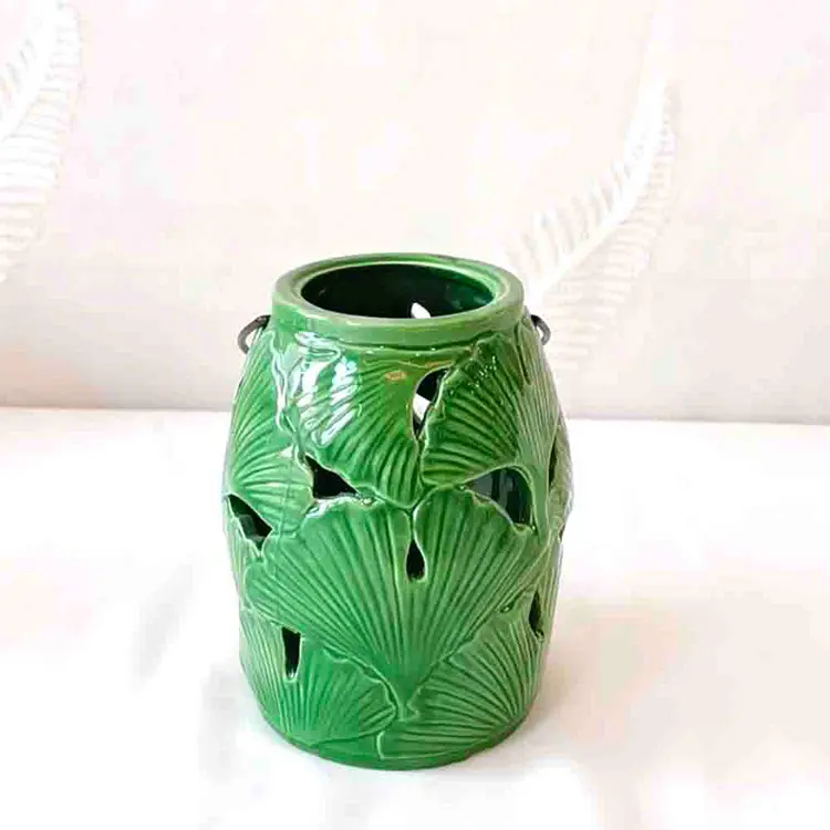 Discount Set of 2 Tropical Leaf - Embossed Hollow - Out Green Ceramic Vases | Decorative Lantern Accents Suppliers, Exporters