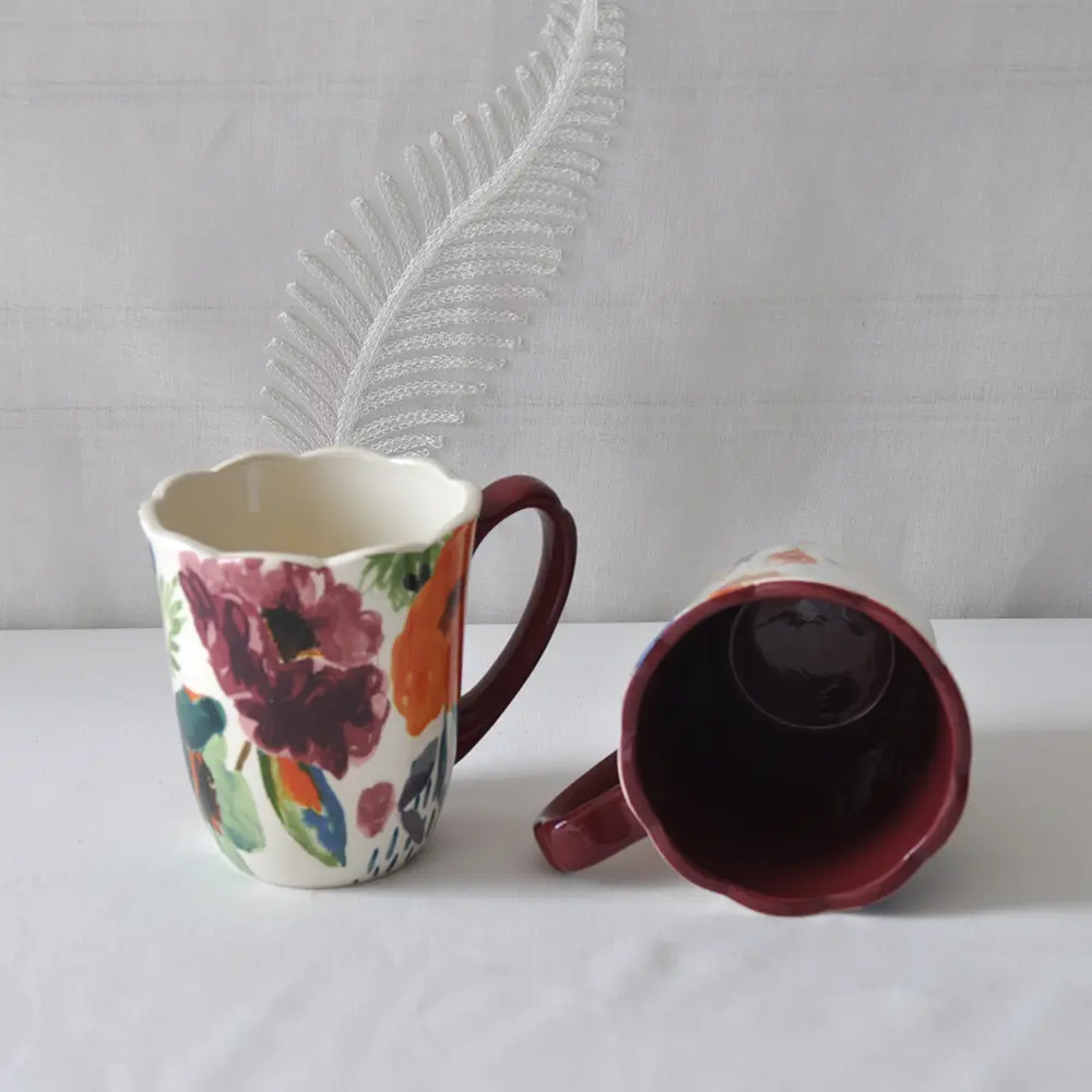 Custom Watercolor Style Color Block Floral Ceramic Mug Set with Petal Edge Suppliers, Companies