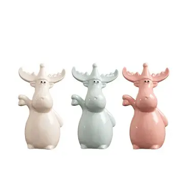 Cute Cartoon Moose Ceramic Decor Set Light Blue Pink White Home Tabletop