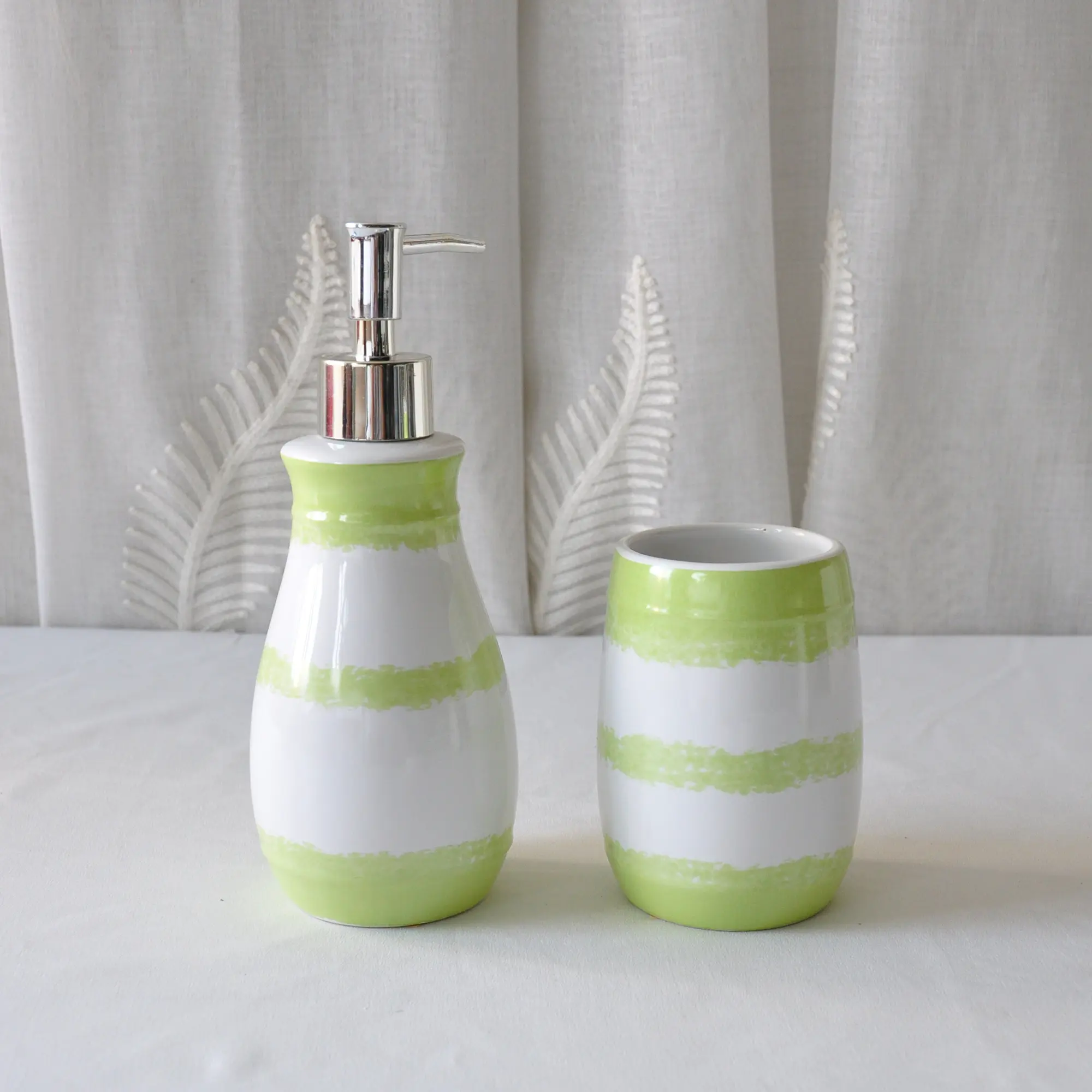 Discount Fresh Green-White Striped Dolomite Bathroom Accessory Set Exporter, Product