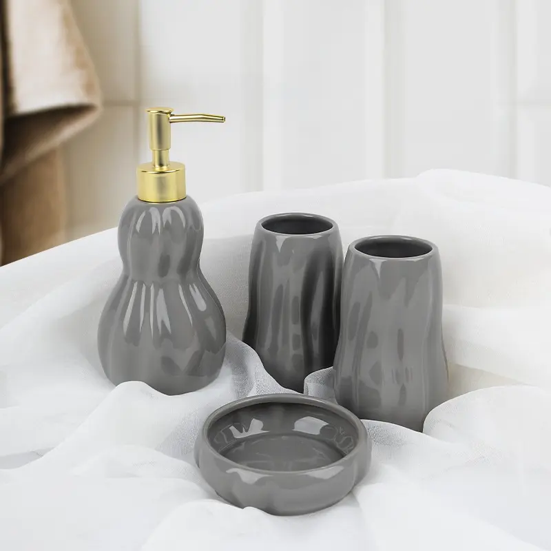 Cheap Light Gray Wavy-Textured Ceramic Bathroom 4-Piece Set Exporter, Products