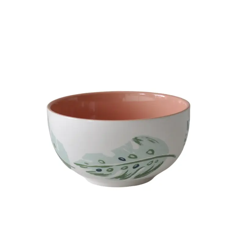 China Color Block Pink Interior Hand Painted Monstera Leaf Ceramic Bowl Exporter, Company
