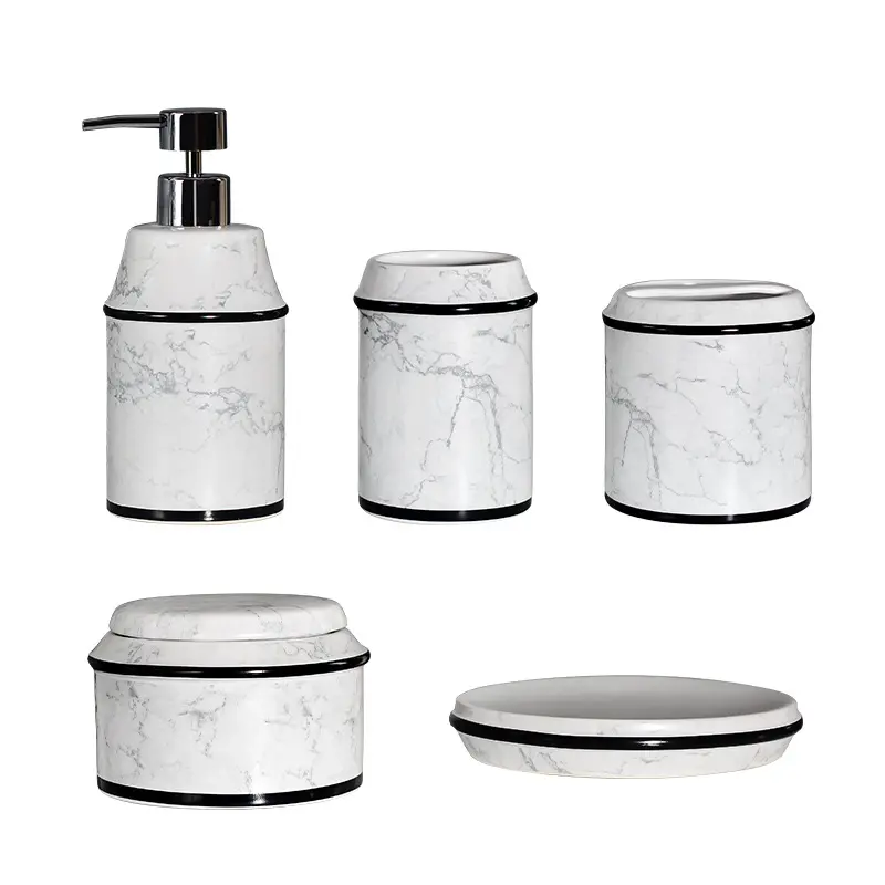 Custom Marble Pattern Black Trim Ceramic Bathroom 5-Piece Set Exporter, Products