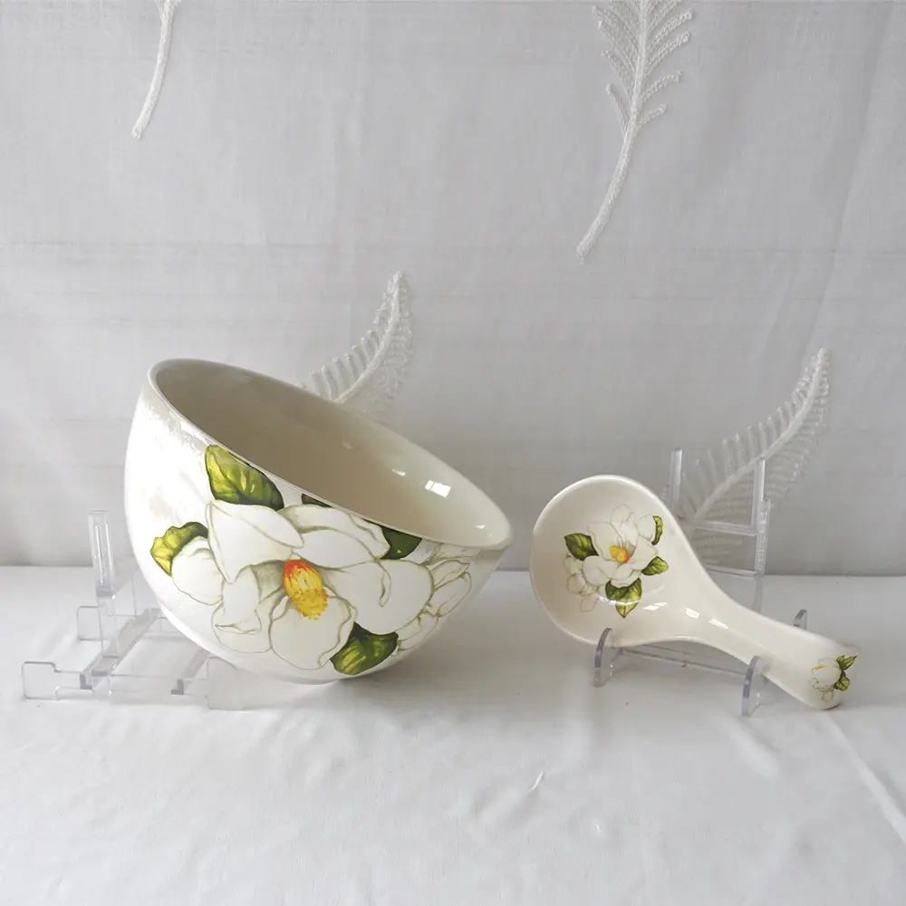China French Elegant Hand Painted White Camellia Floral Ceramic Bowl and Spoon Set Supplier, Factories