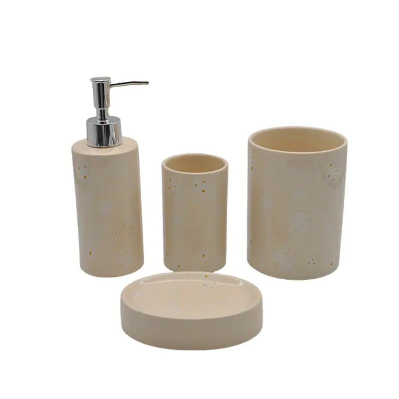 China Cream - Beige Subtle Floral Stoneware Bathroom 4 - Piece Set Manufacturer, Factories