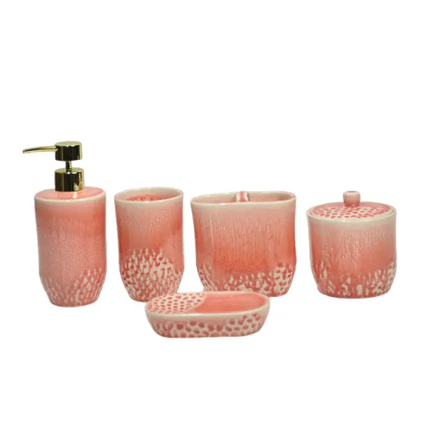 OEM Special Textured Design Pink Glazed Ceramic Bathroom Accessories Set Factories, Companies